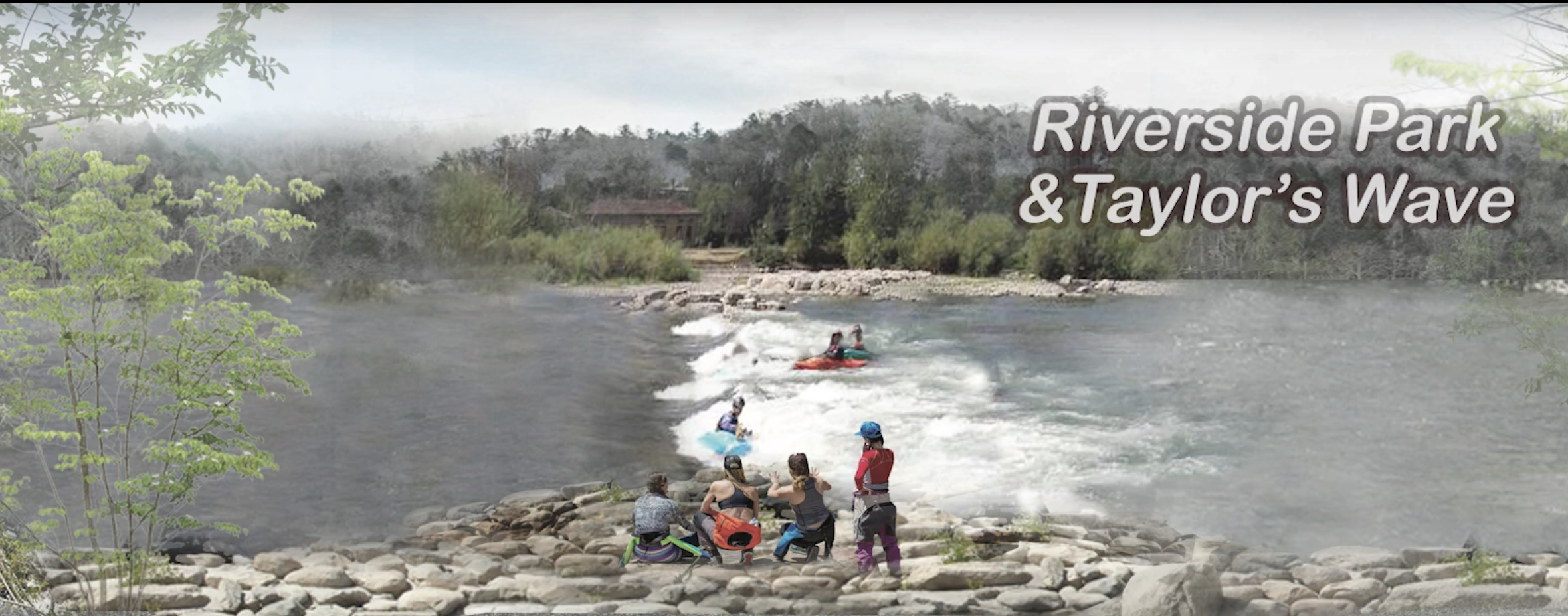 Riverside Park and Taylor's Wave rendering showing kayakers surfing the whitewater wave on the French Broad River